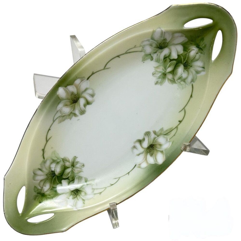 Vintage RS Tillowitz Silesia Porcelain Oval Floral Dish Cutout Handles Gold Trim